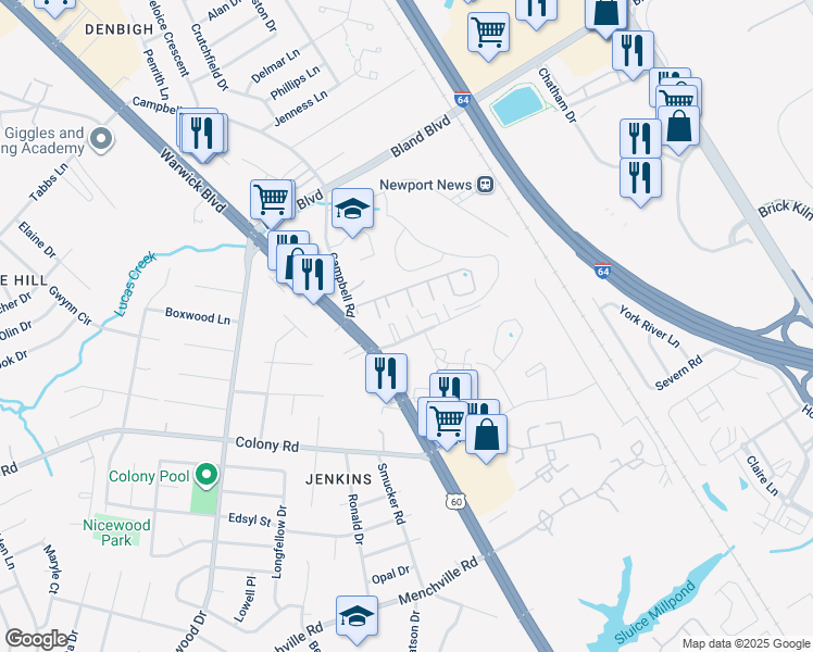 map of restaurants, bars, coffee shops, grocery stores, and more near 516 Genneys Way in Newport News