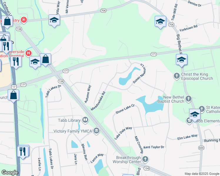 map of restaurants, bars, coffee shops, grocery stores, and more near 100 Susan Newton Lane in Yorktown
