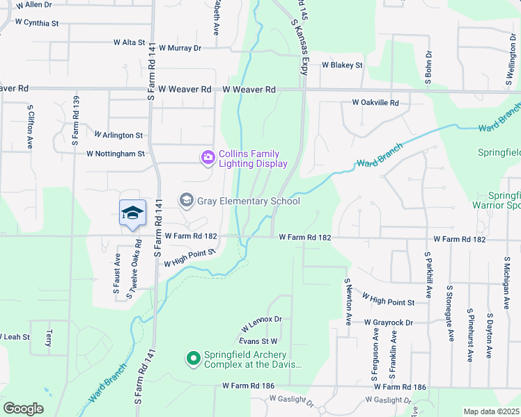 map of restaurants, bars, coffee shops, grocery stores, and more near 5356 South Woodfield Avenue in Springfield