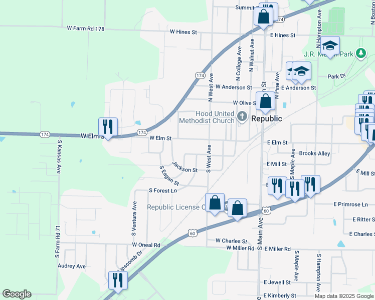 map of restaurants, bars, coffee shops, grocery stores, and more near 205 S Buxton Ln in Republic