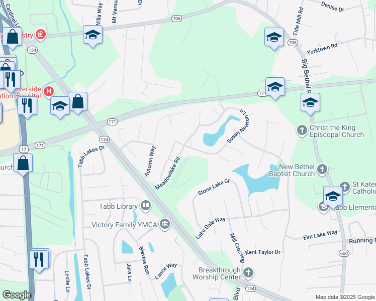map of restaurants, bars, coffee shops, grocery stores, and more near 100 Susan Newton Lane in Yorktown