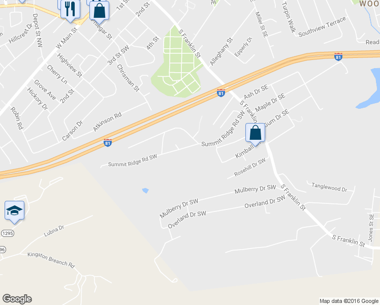 map of restaurants, bars, coffee shops, grocery stores, and more near 350 Summit Ridge Road Southwest in Christiansburg