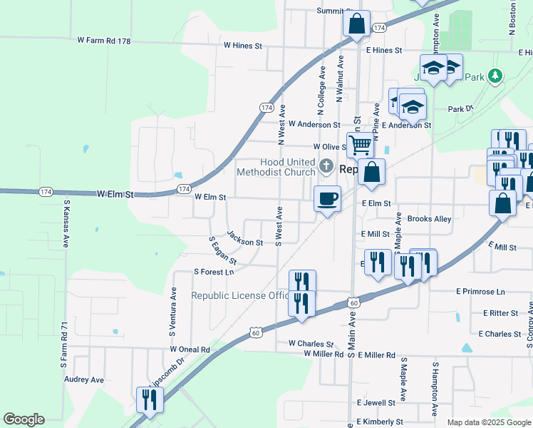 map of restaurants, bars, coffee shops, grocery stores, and more near 400-446 West Mill Street in Republic