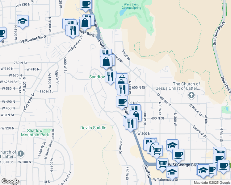 map of restaurants, bars, coffee shops, grocery stores, and more near 579 North Bluff Street in St. George