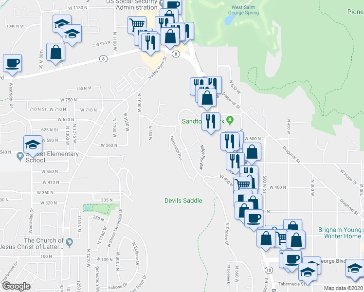 map of restaurants, bars, coffee shops, grocery stores, and more near 567 Ridgeview Drive in St. George