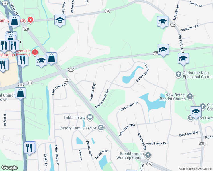 map of restaurants, bars, coffee shops, grocery stores, and more near 110 Heather Way in Yorktown