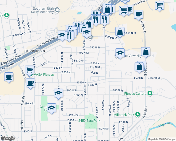 map of restaurants, bars, coffee shops, grocery stores, and more near 1004 600 North in St. George