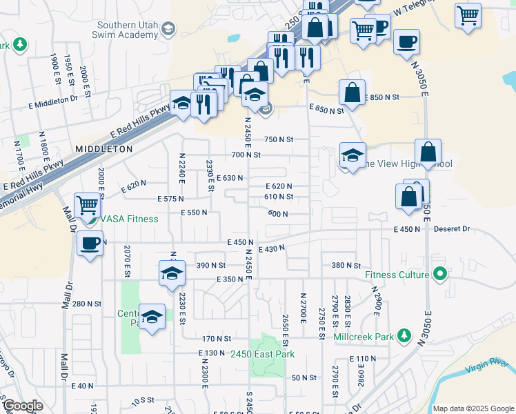 map of restaurants, bars, coffee shops, grocery stores, and more near 1003 600 North in St. George