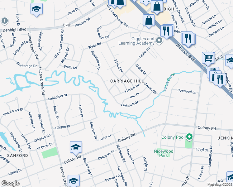 map of restaurants, bars, coffee shops, grocery stores, and more near 132 Fischer Drive in Newport News