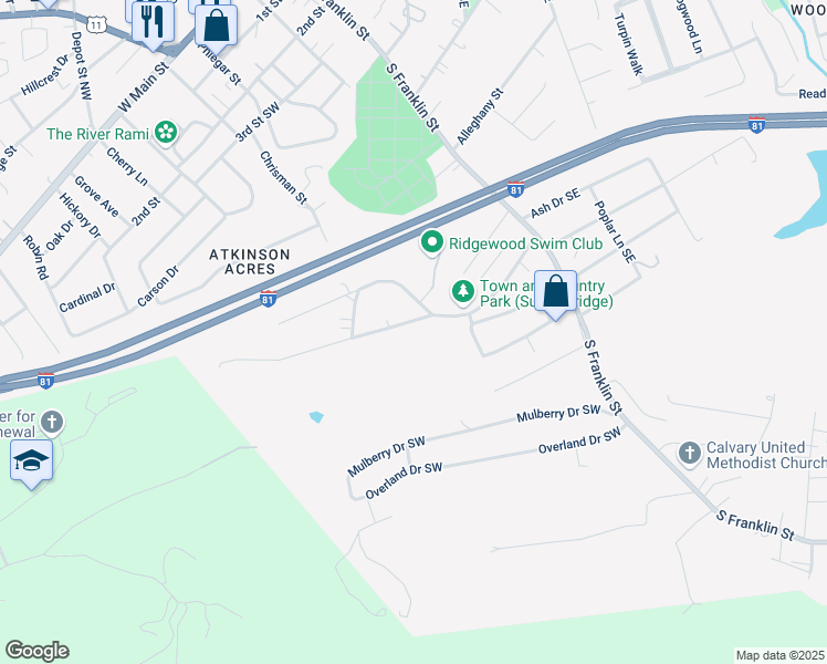map of restaurants, bars, coffee shops, grocery stores, and more near 350 Summit Ridge Road Southwest in Christiansburg