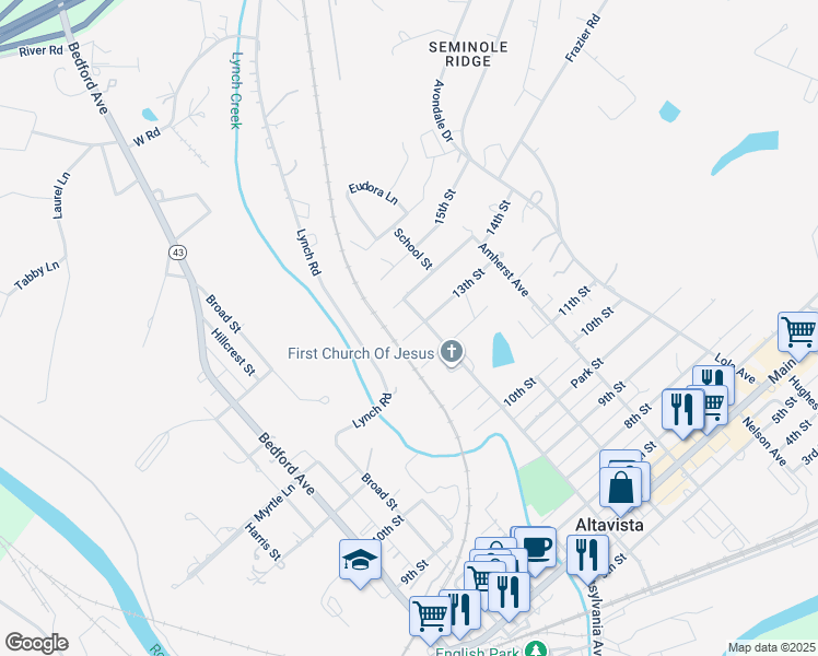 map of restaurants, bars, coffee shops, grocery stores, and more near 704 13th Street in Altavista