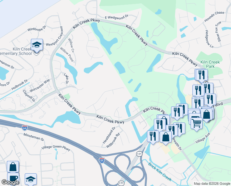 map of restaurants, bars, coffee shops, grocery stores, and more near 807 Vantage Court in Newport News