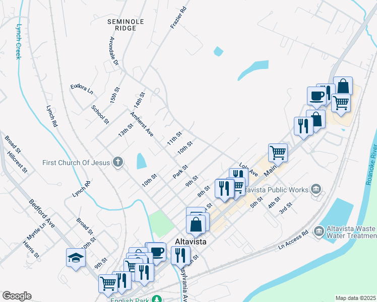 map of restaurants, bars, coffee shops, grocery stores, and more near 1009 10th Street in Altavista