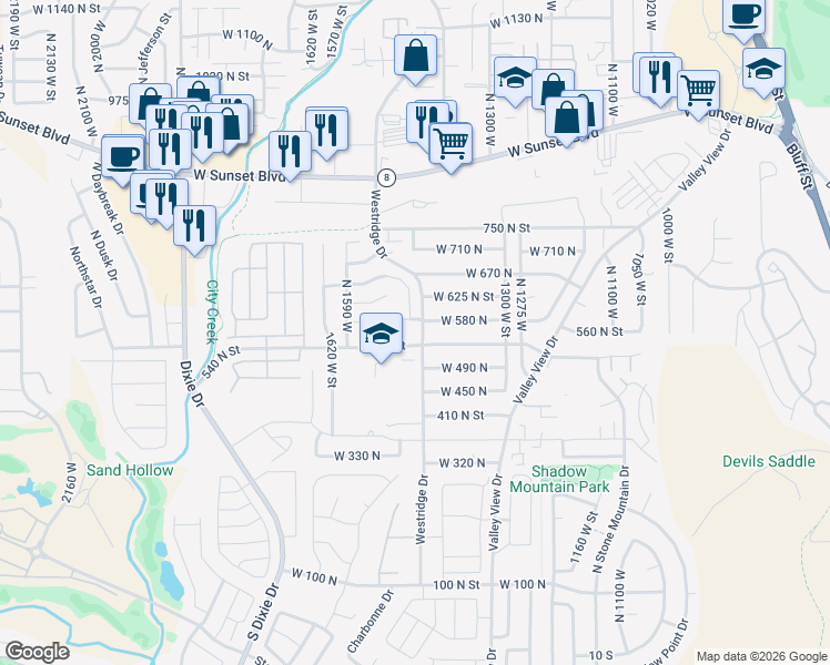 map of restaurants, bars, coffee shops, grocery stores, and more near 1435 West 540 North in St. George