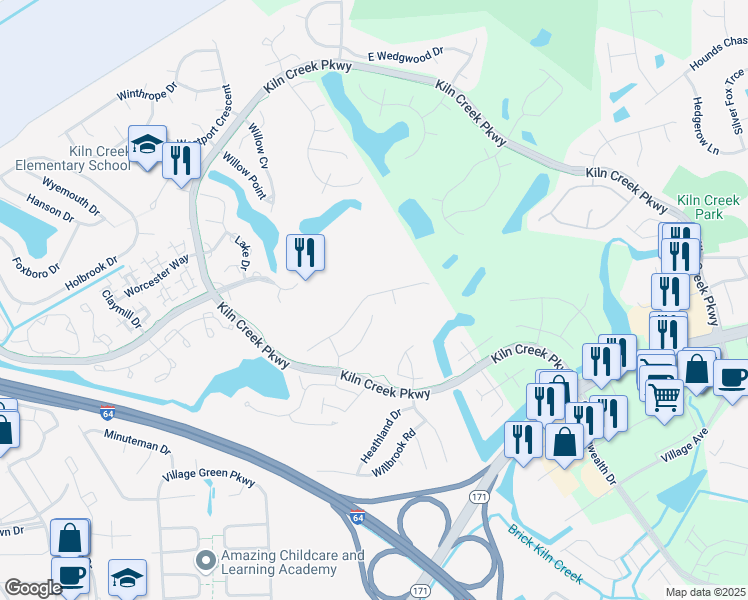 map of restaurants, bars, coffee shops, grocery stores, and more near 960 Drivers Lane in Newport News