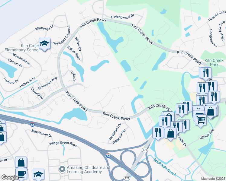 map of restaurants, bars, coffee shops, grocery stores, and more near 960 Drivers Lane in Newport News