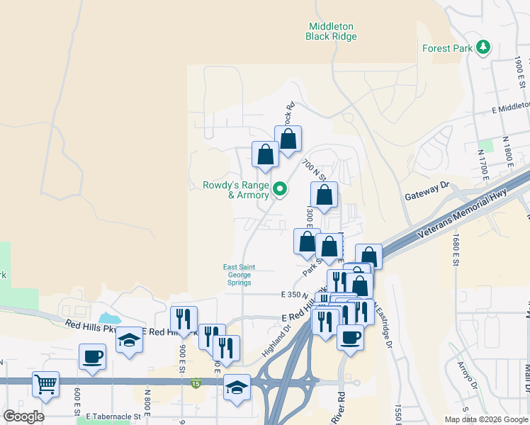 map of restaurants, bars, coffee shops, grocery stores, and more near 455 North 1100 East in Saint George