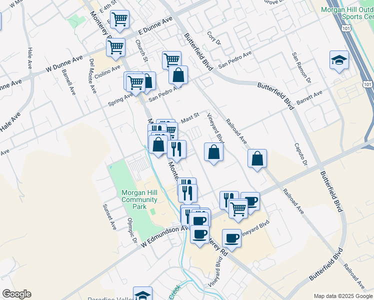 map of restaurants, bars, coffee shops, grocery stores, and more near 16345 Church Street in Morgan Hill