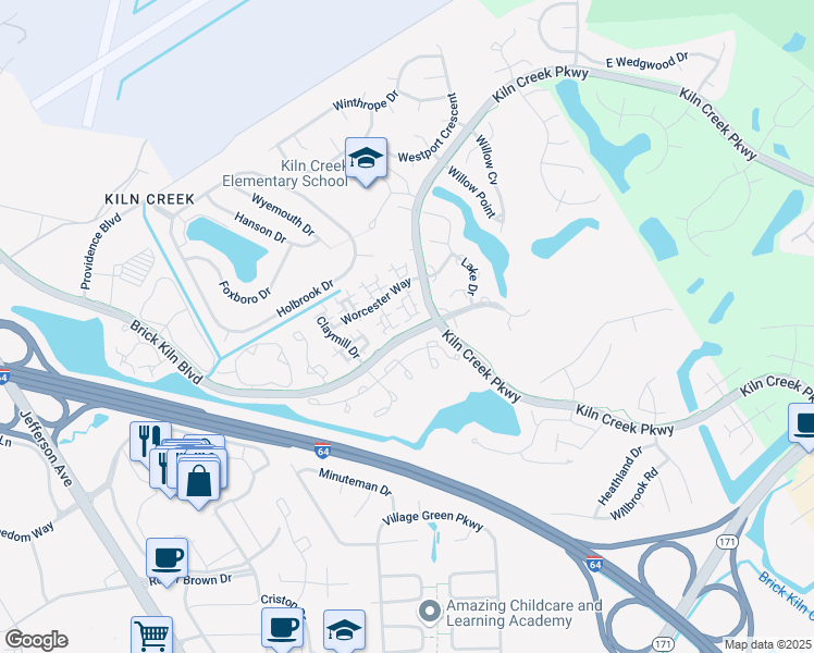 map of restaurants, bars, coffee shops, grocery stores, and more near 843 Lancaster Lane in Newport News