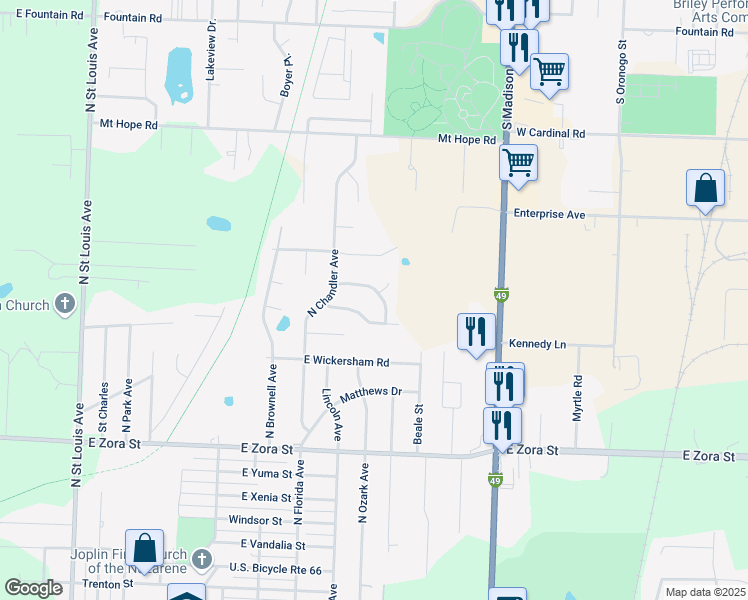 map of restaurants, bars, coffee shops, grocery stores, and more near 2716 East Kennedy Street in Joplin