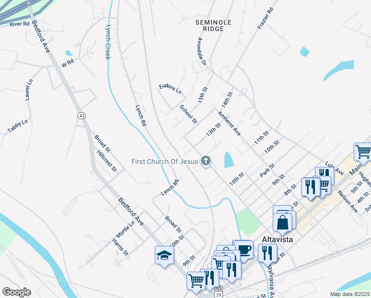 map of restaurants, bars, coffee shops, grocery stores, and more near 704 13th Street in Altavista