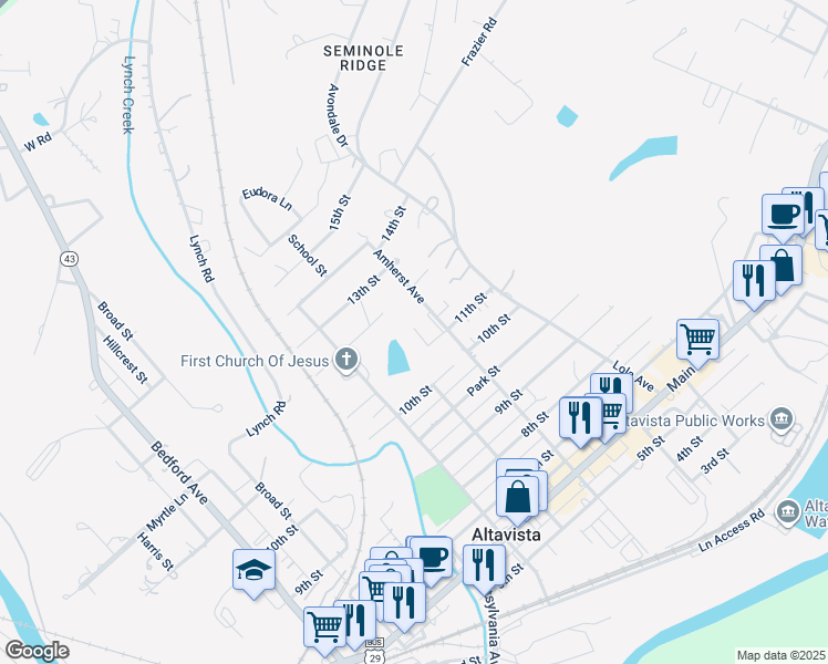 map of restaurants, bars, coffee shops, grocery stores, and more near 914 11th Street in Altavista