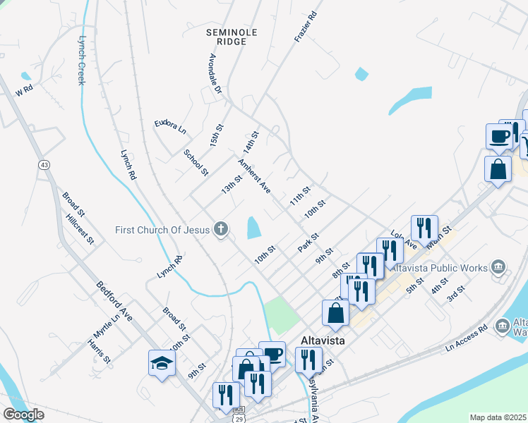 map of restaurants, bars, coffee shops, grocery stores, and more near 914 11th Street in Altavista