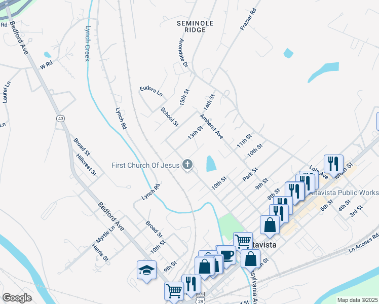 map of restaurants, bars, coffee shops, grocery stores, and more near 806 12th Street in Altavista