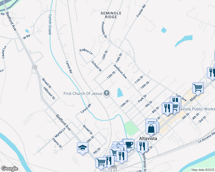 map of restaurants, bars, coffee shops, grocery stores, and more near 806 12th Street in Altavista