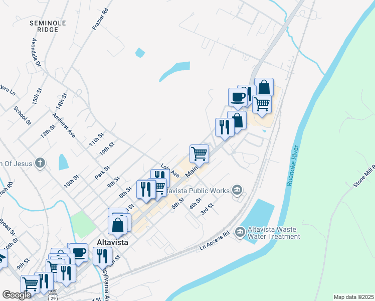 map of restaurants, bars, coffee shops, grocery stores, and more near 1120 7th Street in Altavista