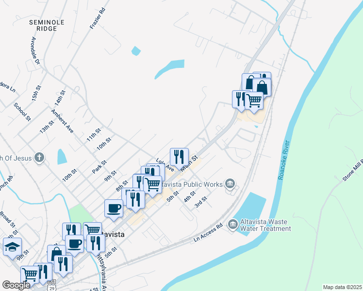 map of restaurants, bars, coffee shops, grocery stores, and more near 1120 7th Street in Altavista