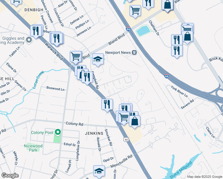 map of restaurants, bars, coffee shops, grocery stores, and more near 408 Britnie Court in Newport News
