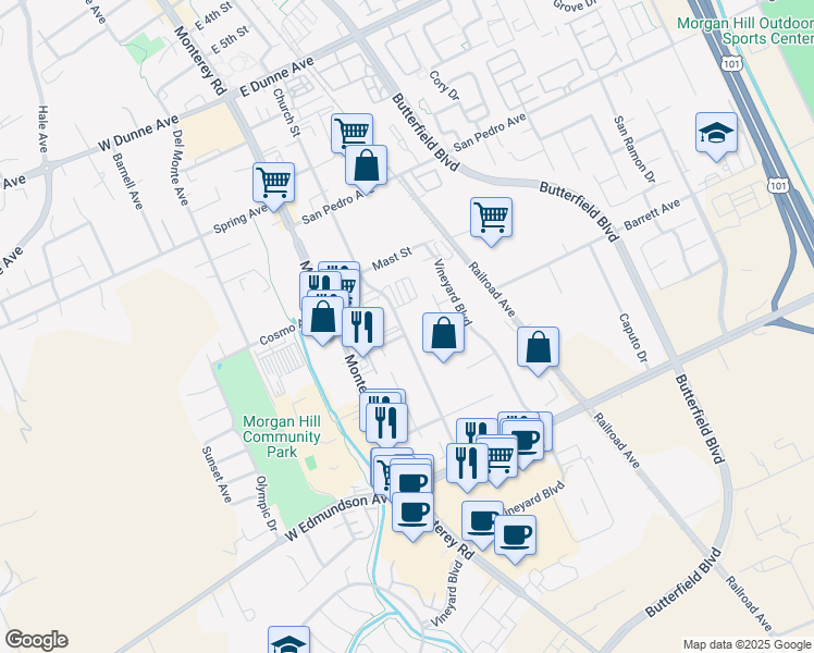 map of restaurants, bars, coffee shops, grocery stores, and more near 16260 Church Street in Morgan Hill