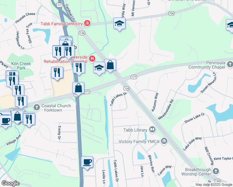 map of restaurants, bars, coffee shops, grocery stores, and more near 206 Tabb Lakes Drive in Yorktown