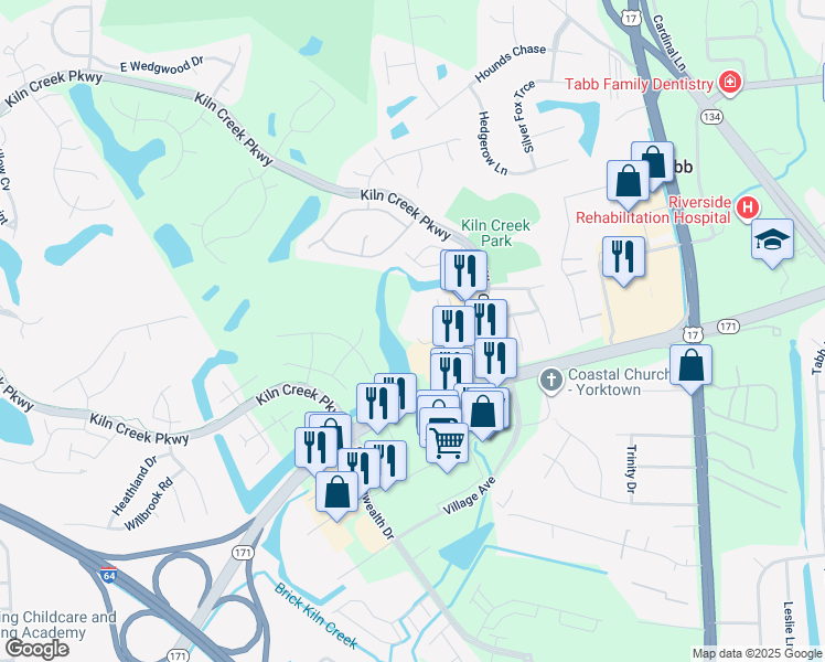 map of restaurants, bars, coffee shops, grocery stores, and more near 299 Cybernetics Way in Yorktown