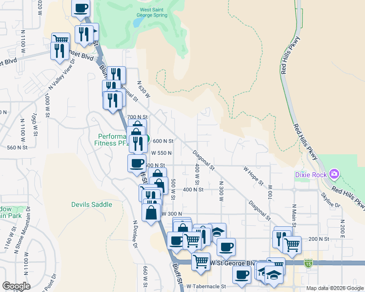 map of restaurants, bars, coffee shops, grocery stores, and more near 546 500 West Street in St. George