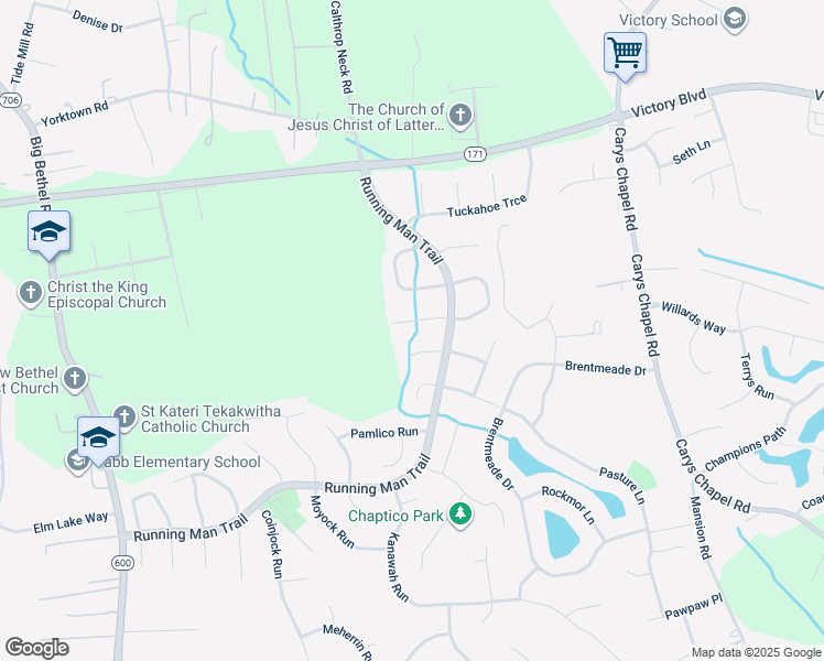 map of restaurants, bars, coffee shops, grocery stores, and more near 107 Wicomico Turn in Yorktown