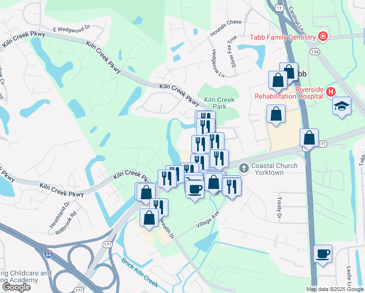 map of restaurants, bars, coffee shops, grocery stores, and more near 201-299 Cybernetics Way in Yorktown