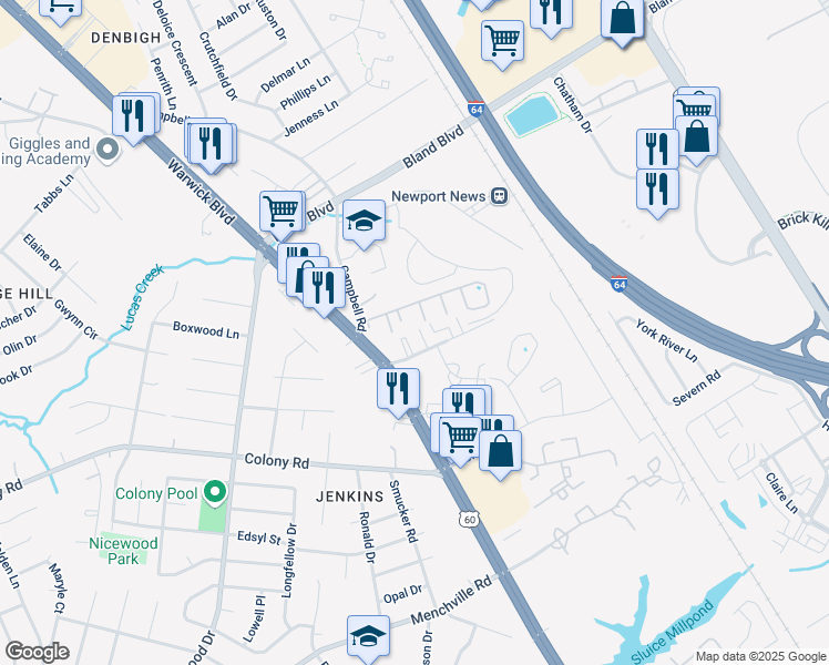map of restaurants, bars, coffee shops, grocery stores, and more near 408 Britnie Court in Newport News