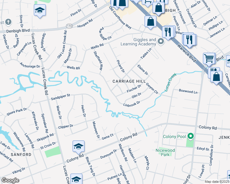 map of restaurants, bars, coffee shops, grocery stores, and more near 155 Linbrook Drive in Newport News