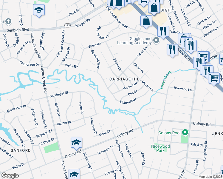 map of restaurants, bars, coffee shops, grocery stores, and more near 155 Linbrook Drive in Newport News
