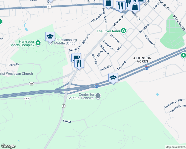 map of restaurants, bars, coffee shops, grocery stores, and more near 355 Auburn Drive in Christiansburg