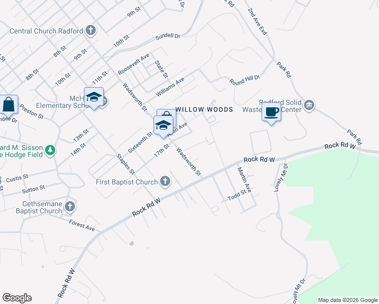 map of restaurants, bars, coffee shops, grocery stores, and more near 1729-1755 Wadsworth St in Radford