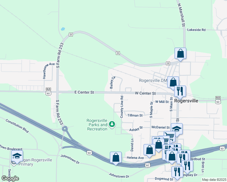map of restaurants, bars, coffee shops, grocery stores, and more near 305 West Center Street in Rogersville