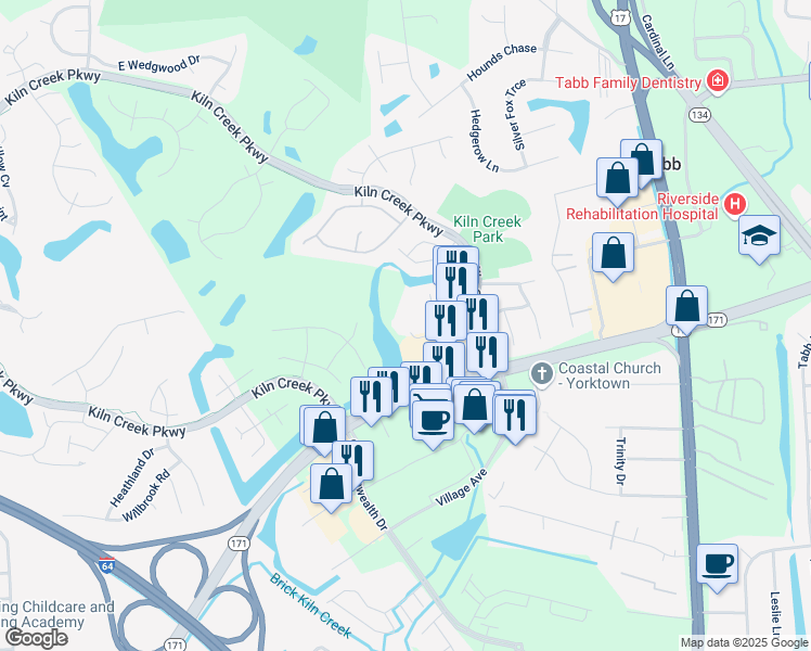 map of restaurants, bars, coffee shops, grocery stores, and more near 200 Cybernetics Way in Yorktown