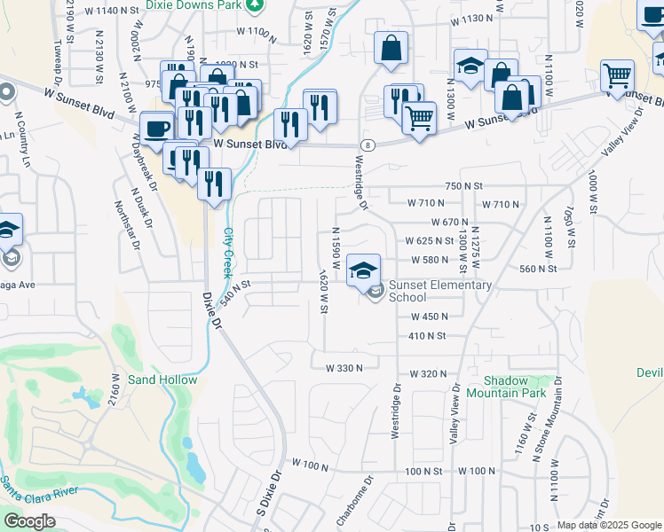 map of restaurants, bars, coffee shops, grocery stores, and more near 563 North 1590 West in St. George