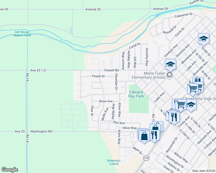 map of restaurants, bars, coffee shops, grocery stores, and more near 520 Cherry Court in Chowchilla