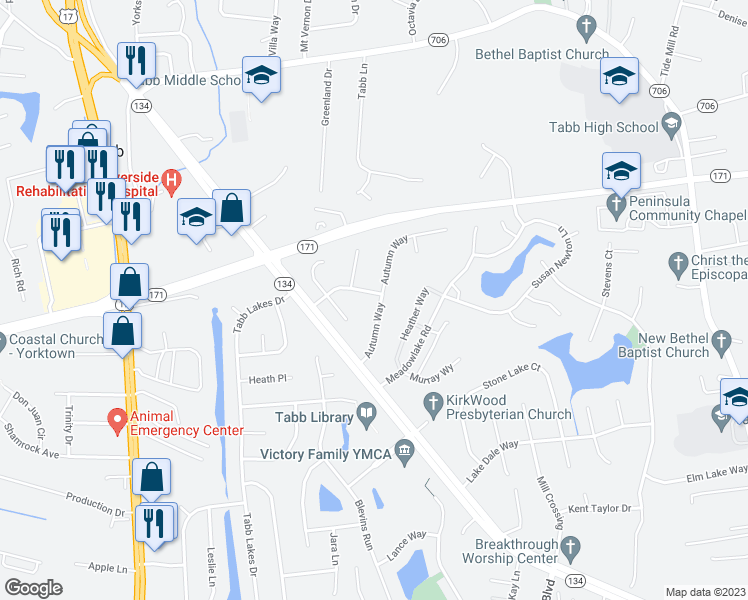 map of restaurants, bars, coffee shops, grocery stores, and more near 113 Autumn Way in Yorktown