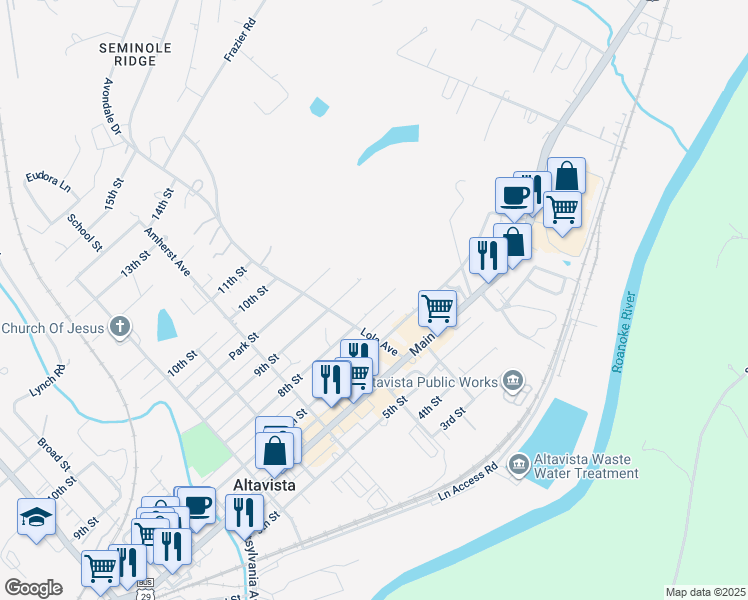 map of restaurants, bars, coffee shops, grocery stores, and more near 1110 8th Street in Altavista