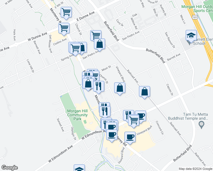 map of restaurants, bars, coffee shops, grocery stores, and more near 16345 Church Street in Morgan Hill
